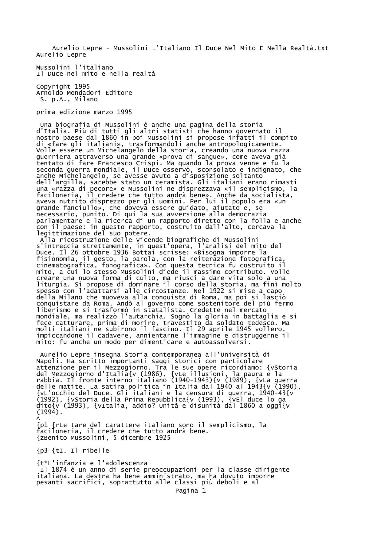 Aurelio Lepre - Mussolini L"Italiano Il Duce Nel Mito E Nella Realtà.txt - Blocco note