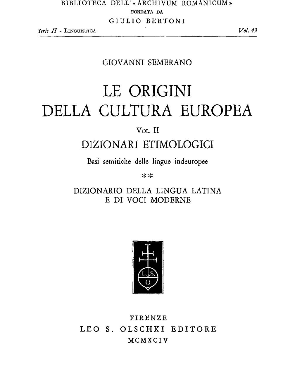 Le Origini della Cultura Europea Dizionario Latino