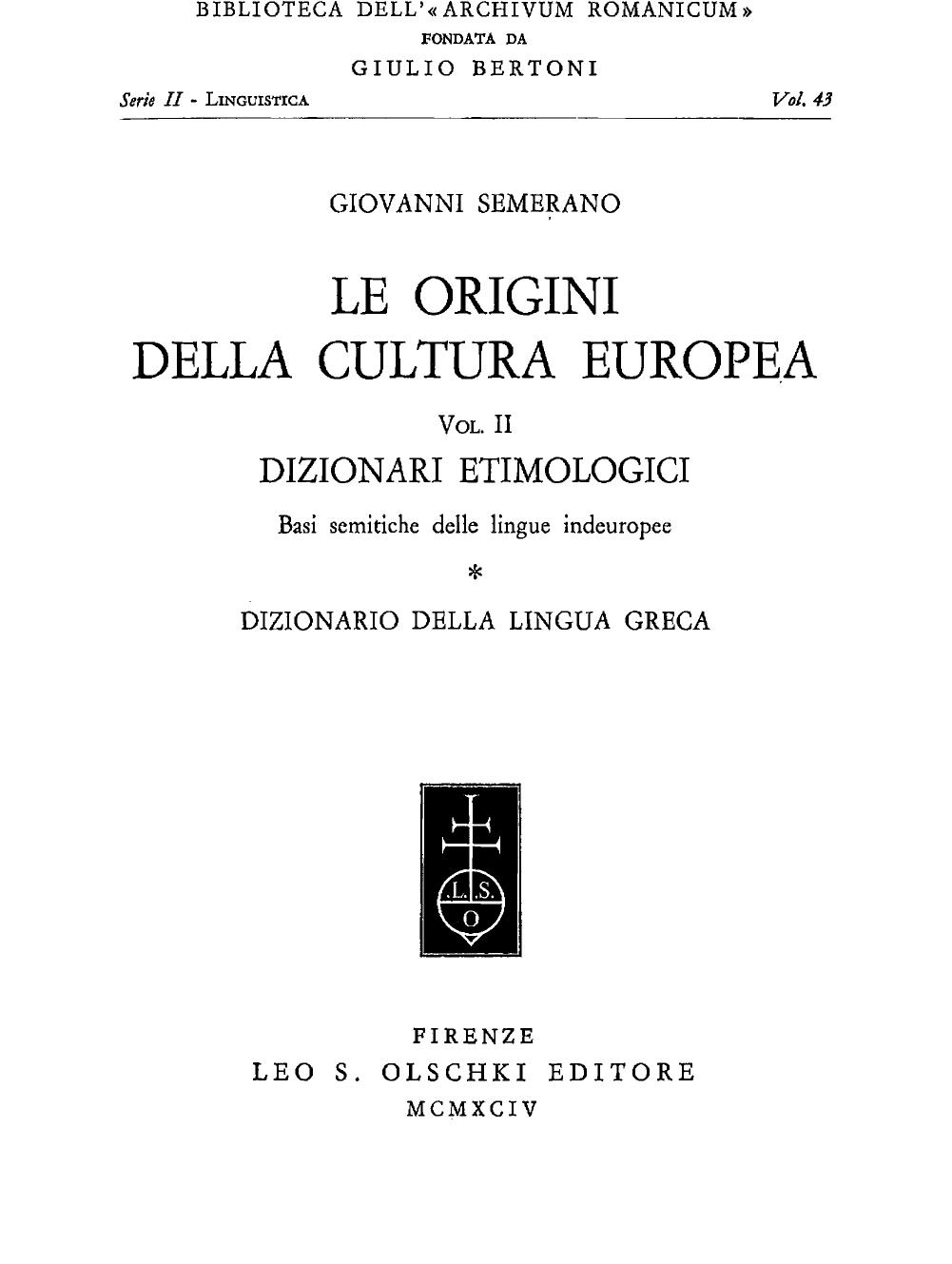 Le Origini della Cultura Europea Dizionario Greco