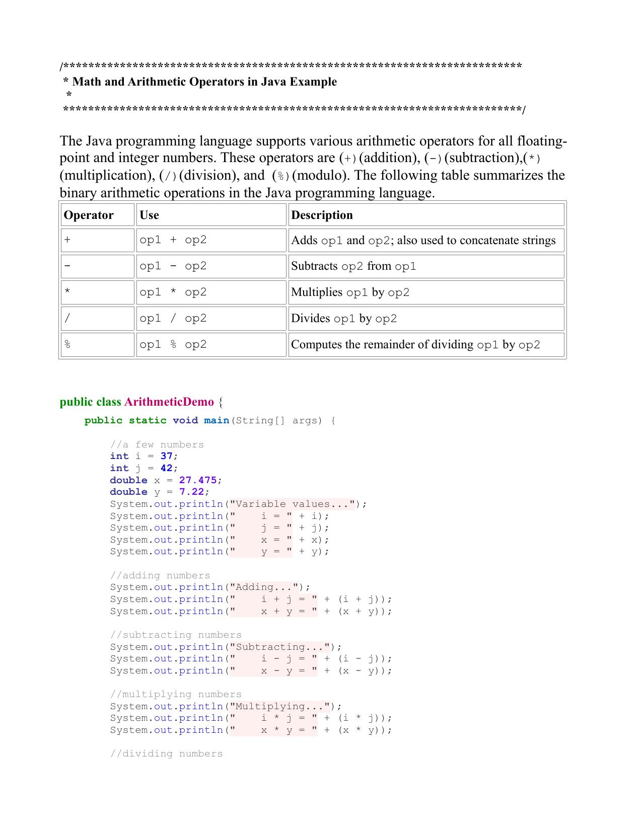 004 Math and Arithmetic Operators in Java Example