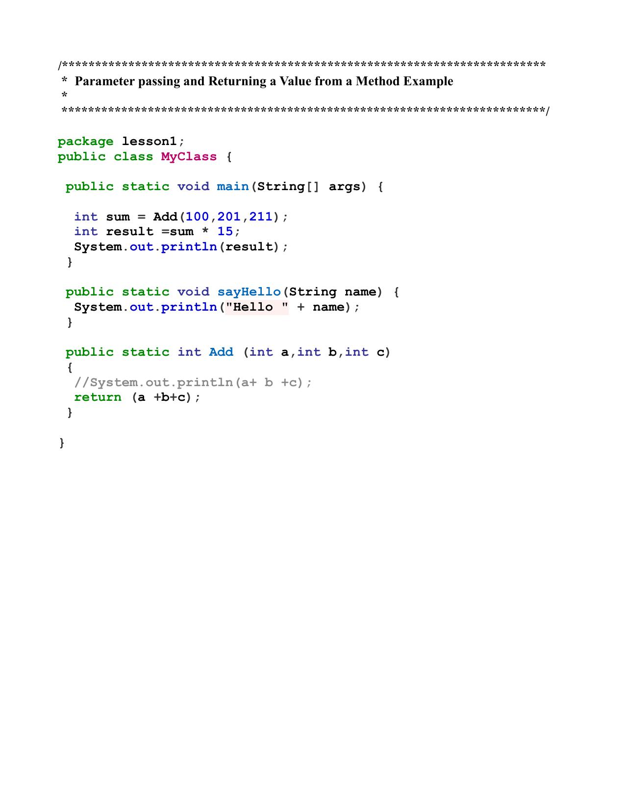 013 Parameter passing and Returning a Value from a Method Example